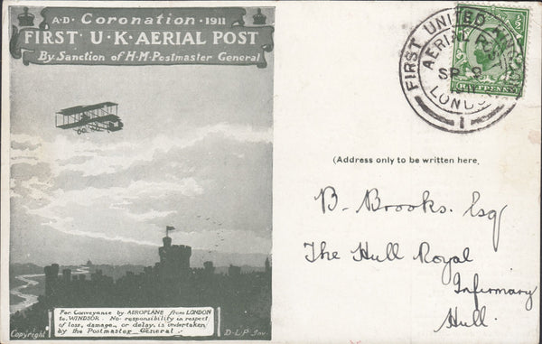 117134 1911 FIRST OFFICIAL U.K. AERIAL POST/USED LONDON POST CARD IN OLIVE-GREEN.