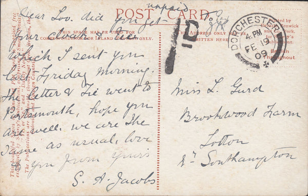 117177 1906 UNPAID MAIL PARKSTONE TO CLAPHAM/'PARKSTONE DORSET' SKELETON DATE STAMP.
