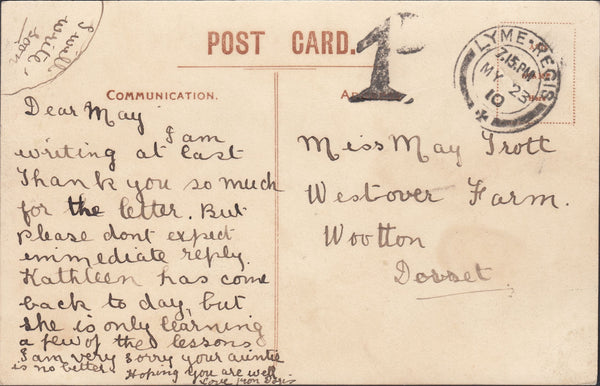 117192 1910 UNPAID MAIL LYME REGIS TO WOOTTON DORSET.