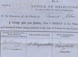 117206 1859 PRINTED WRAPPER WITH NOTICE OF OBJECTION TO VOTE, 'NOTICE' BOXED HAND STAMP AND '3' CHARGE MARK.