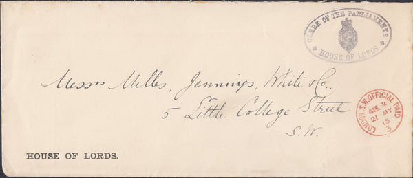 117247 1915 PARLIAMENTARY MAIL/'CLERK OF THE PARLIAMENTS HOUSE OF LORDS' CACHET.