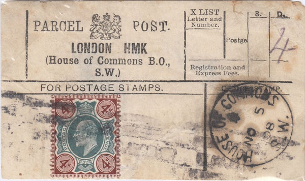 117250 1908 'LONDON HMK (House of Commons B.O., S.W.) PARCEL POST LABEL.