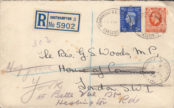 117273 1937 PARLIAMENTARY MAIL/REGISTERED FROM SOUTHAMPTON TO THE HOUSE OF COMMONS TO KENSINGTON.