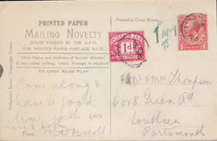 117372 1925 UNDERPAID NOVELTY POST CARD LULWORTH TO PORTSMOUTH.