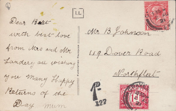 117374 1921 SURCHARGED MAIL TO NORTHFLEET (KENT).