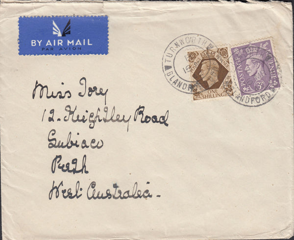 117408 1942 DORSET/'TURNWORTH' DATE STAMPS ON MAIL TO AUSTRALIA.