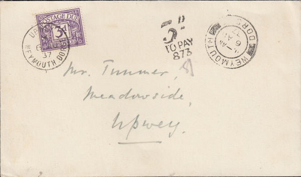 117465 1937 UNPAID MAIL WEYMOUTH TO UPWEY (DORSET).