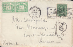117517 1927 UNDERPAID MAIL CANADA TO WEST HOADLEY SUSSEX.