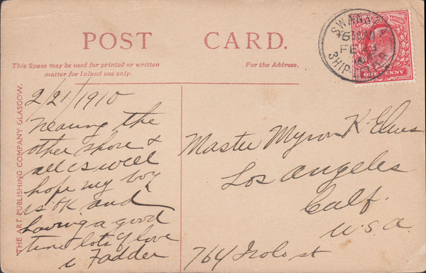 117586 1910 'SWANSEA SHIP.LETTER' CIRCULAR DATE STAMP ON MAIL TO USA.