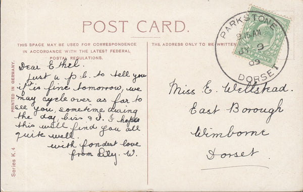 117631 1909 DORSET/'PARKSTONE' SKELETON STYLE DATE STAMP.