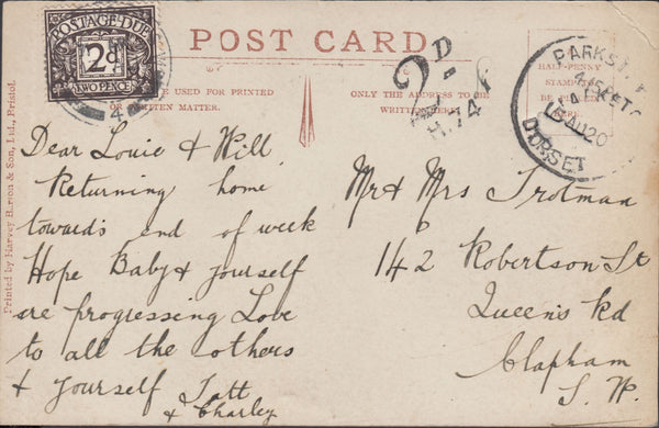 117638 1920 UNPAID MAIL PARKSTONE (DORSET) TO LONDON/'PARKSTONE' SKELETON STYLE DATE STAMP.