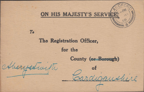117644 1919 UNPAID 'OHMS' MAIL BLANDFORD TO ABERYSTWITH.