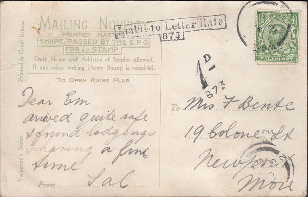 117689 1913 UNDERPAID NOVELTY POST CARD WEYMOUTH TO NEWPORT MON.