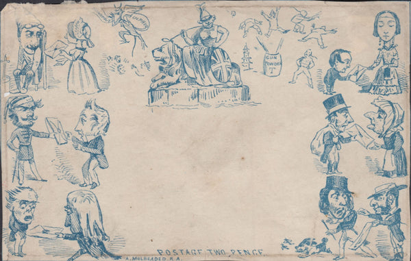 117724 CIRCA 1840 CONTEMPORARY REPRODUCTION OF SPOONER'S CARICATURE NO.2 "POSTAGE TWO PENCE" IN PALE BLUE.