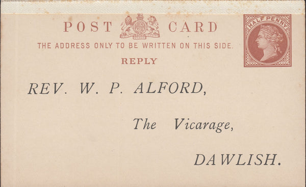 117762 1898 QV ½D BROWN REPLY PAID POST CARD.