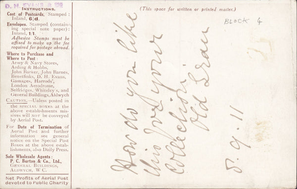 117853 1911 FIRST OFFICIAL U.K. AERIAL POST/LONDON POST CARD IN BROWN.