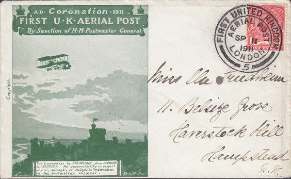 117854 1911 FIRST OFFICIAL U.K. AERIAL POST/LONDON ENVELOPE IN BRIGHT GREEN.