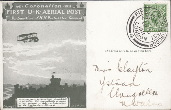 117855 1911 FIRST OFFICIAL U.K. AERIAL POST/LONDON POST CARD IN OLIVE-GREEN TO WALES.