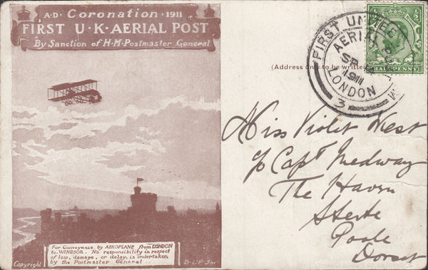 117862 1911 FIRST OFFICIAL U.K. AERIAL POST/REPRINT OF THE LONDON POST CARD IN BROWN.