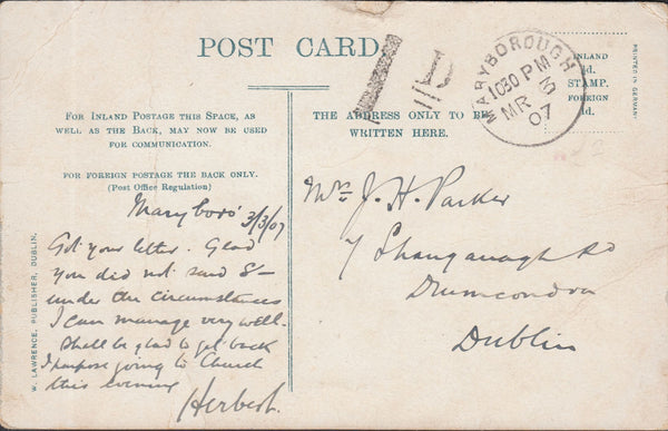 117865 1907 UNPAID MAIL MARYBOROUGH (CO. QUEENS) TO DUBLIN.