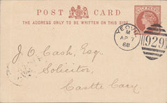 117892 1888 YEOVIL/929 DUPLEX ON QV ½D BROWN POST CARD TO CASTLE CARY.