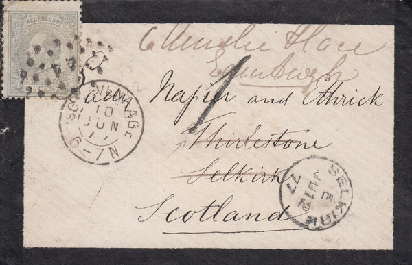 117894 1877 MOURNING ENVELOPE NETHERLANDS TO SELKIRK REDIRECTED TO EDINBURGH.