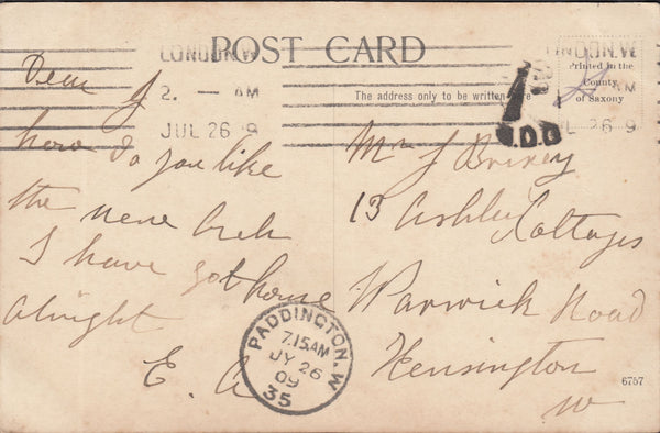 117927 1909 UNPAID MAIL USED IN LONDON.