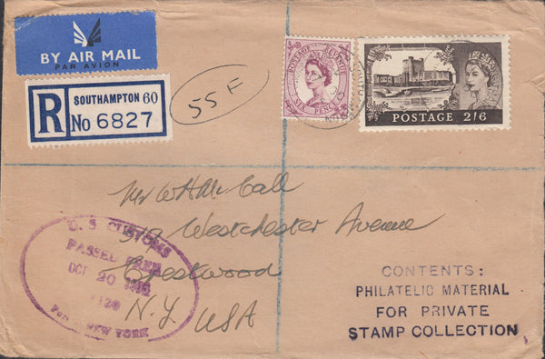 117931 1955 REGISTERED AIR MAIL SOUTHAMPTON TO USA/2/6 CASTLE.