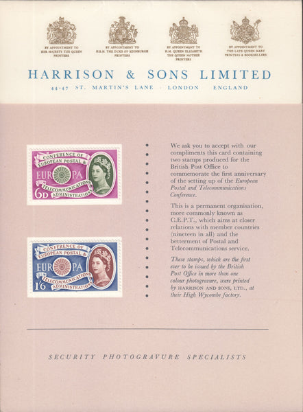 117934 1960 EUROPA (SG621-622) HARRISON AND SONS PRESENTATION CARD.