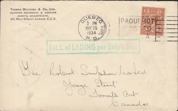 117939 1934 MAIL LONDON TO TORONTO WITH GB 1½D (SG420) CANCELLED PAQUEBOT.