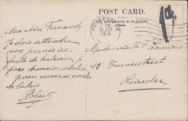 117940 1918 UNPAID MAIL FOLKESTONE TO LEICESTER.
