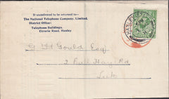 118020 1911 NATIONAL TELEPHONE COMPANY PRINTED WRAPPER HANLEY TO LEEK (STAFFS).