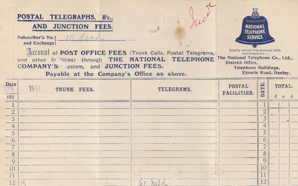 118020 1911 NATIONAL TELEPHONE COMPANY PRINTED WRAPPER HANLEY TO LEEK (STAFFS).
