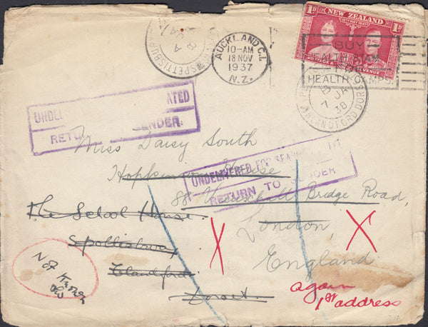 118023 1937/8 REDIRECTED COVER NEW ZEALAND TO LONDON TO NEW ZEALAND.