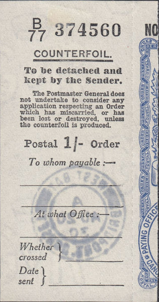 118029 1930 1/- POSTAL ORDER COUNTERFOIL CANCELLED WEST BAY (DORSET).