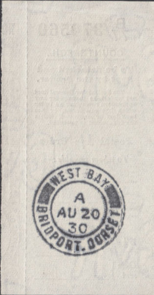 118029 1930 1/- POSTAL ORDER COUNTERFOIL CANCELLED WEST BAY (DORSET).