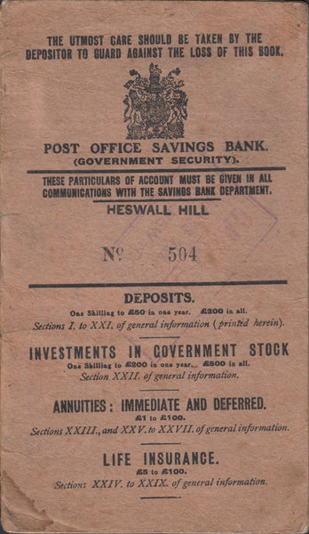 118031 1913-1936 'POST OFFICE SAVINGS BANK' BOOK WITH BIRKENHEAD AND DORCHESTER DATE STAMPS.