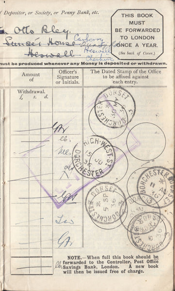118031 1913-1936 'POST OFFICE SAVINGS BANK' BOOK WITH BIRKENHEAD AND DORCHESTER DATE STAMPS.