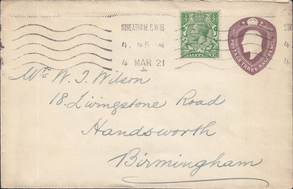 118037 1907 KEDVII 1½D PURPLE POSTAL STATIONERY ENVELOPE S.T.O. USED IN 1921.