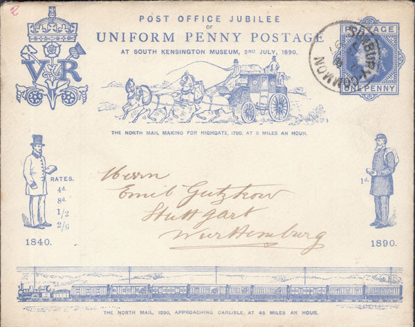 118053 1890 POST OFFICE JUBILEE 1D ENVELOPE USED SUNBURY COMMON (MIDDLESEX) TO GERMANY.