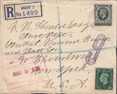 118060 1949 MAIL TO USA/PAQUEBOT/KGVI ½D PALE GREEN (SG485) SINGLE USAGE.