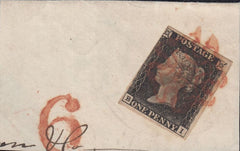 118132 1840 HAND STAMP '6' IN RED-BROWN ASSOCIATED WITH THE LIVERPOOL TO MANCHESTER RAILWAY/1D BLACK PL.7 (SG2)(BI).