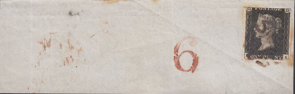 118135 1840 HAND STAMP '6' IN RED-BROWN ASSOCIATED WITH THE LIVERPOOL TO MANCHESTER RAILWAY/1D BLACK PL.6 (SG2)(KA).