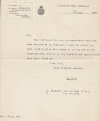 118152 1930 LETTER G.P.O. EDINBURGH RE TEMPORARY HAND STAMP HIGHLAND AND AGRICULTURAL SHOW.