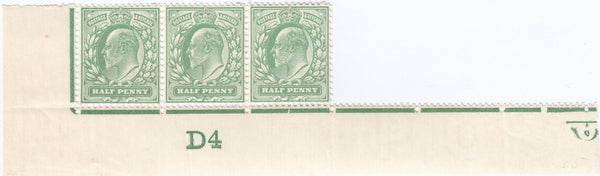 118169 1904 KEDVII ½D YELLOWISH-GREEN (SG218) CONTROL D4 STRIP OF THREE WITH PLATING MARK.