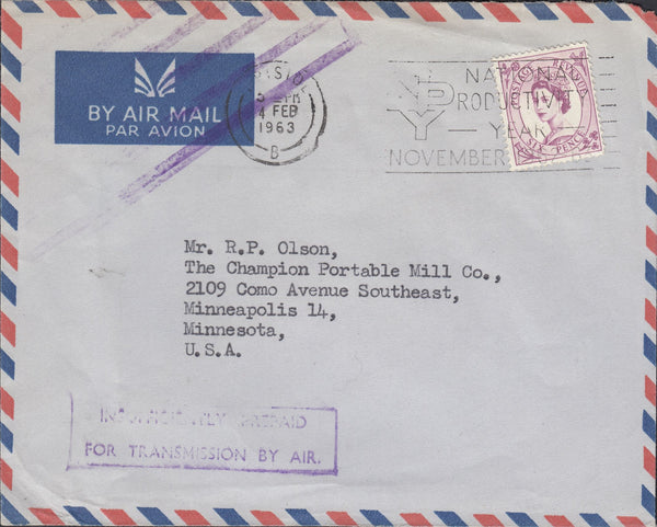 118281 1963 AIR MAIL BRISTOL TO USA/'INSUFFICIENTLY PREPAID FOR TRANSMISSION BY AIR'.