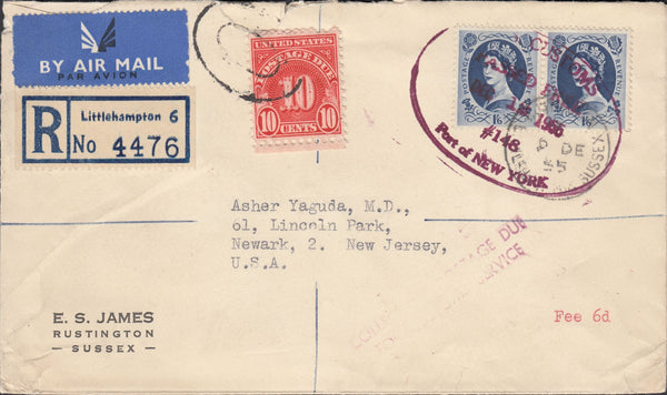 118284 1955 MAIL LITTLEHAMPTON TO USA/US POSTAGE DUE RE CUSTOMS CHARGE.