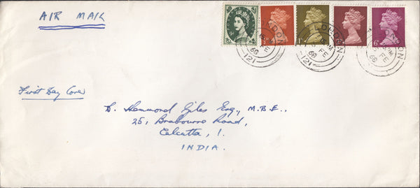 118304 1968 AIR MAIL LONDON TO INDIA WITH WILDING AND PRE DECIMAL MACHIN COMBINATION.