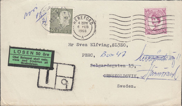 118314 1968 MAIL HEREFORD TO SWEDEN/SWEDISH POSTAGE DUE.
