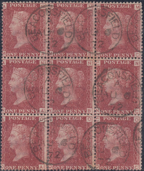 118364 1869 1D PL.130 (SG43) SUPERB USED BLOCK OF 9 BEACONSFIELD CDS'S.
